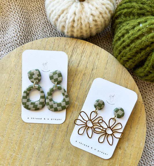 Green Checkered Clay Earrings | Abstract Earrings | Autumn Jewelry | Handmade Earrings | Fall Styles