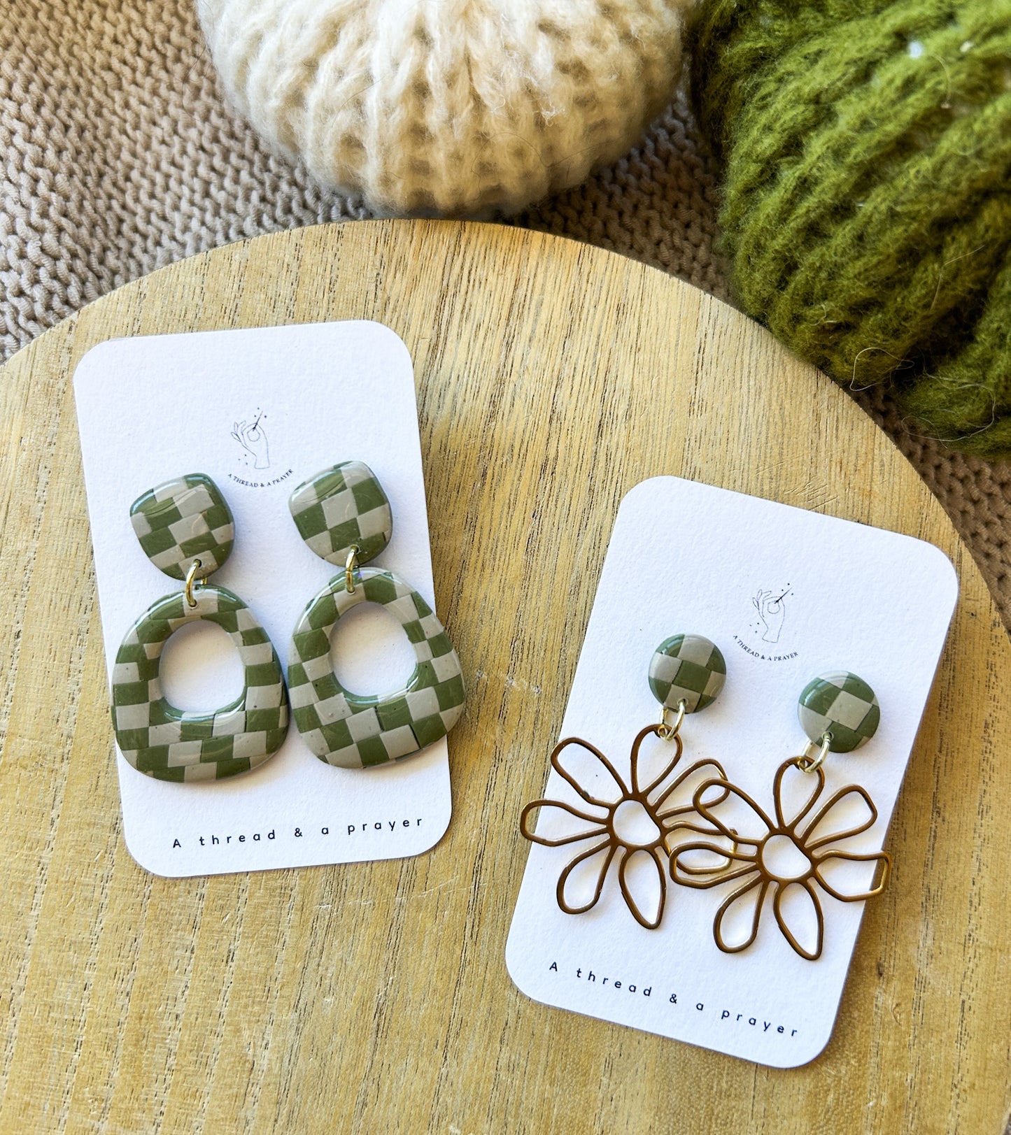 Green Checkered Clay Earrings | Abstract Earrings | Autumn Jewelry | Handmade Earrings | Fall Styles