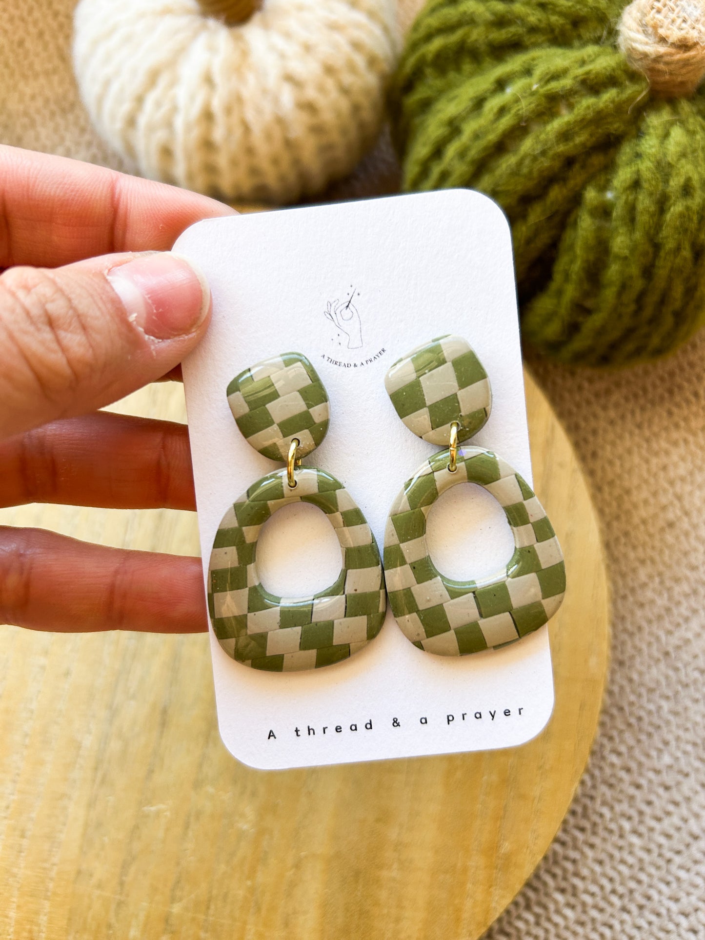 Green Checkered Clay Earrings | Abstract Earrings | Autumn Jewelry | Handmade Earrings | Fall Styles