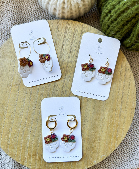 Sweet and Cute Sugar Skulls  | Clay Dangles | Floral Jewelry | Handmade Earrings | Fall Styles