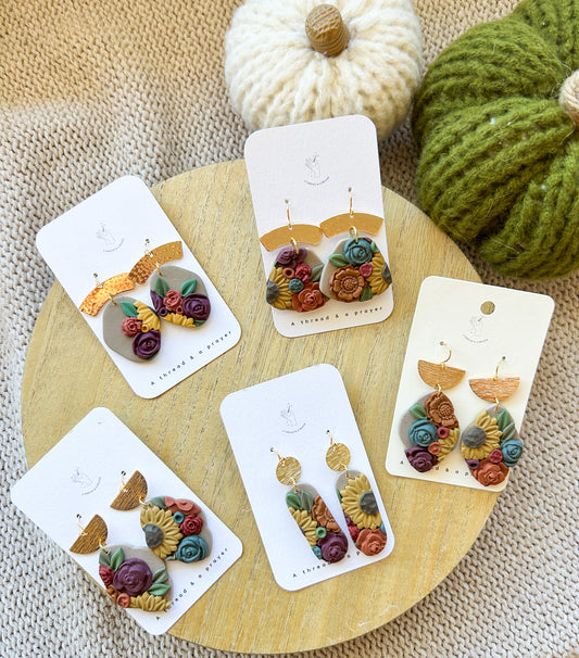 Autumn Flower Garden Clay Dangles | Abstract Earrings | Autumn Jewelry | Handmade Earrings | Fall Styles