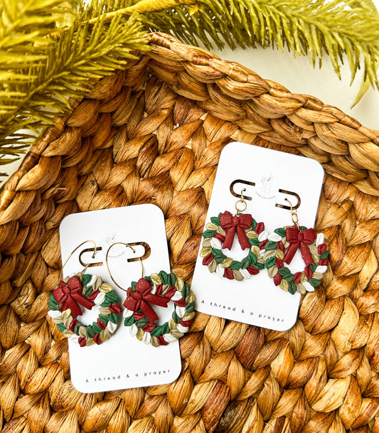 Holiday Clay Wreath Earrings | Winter Styles | Christmas | Stocking Stuffer Ideas | Dangle Earrings | Lightweight