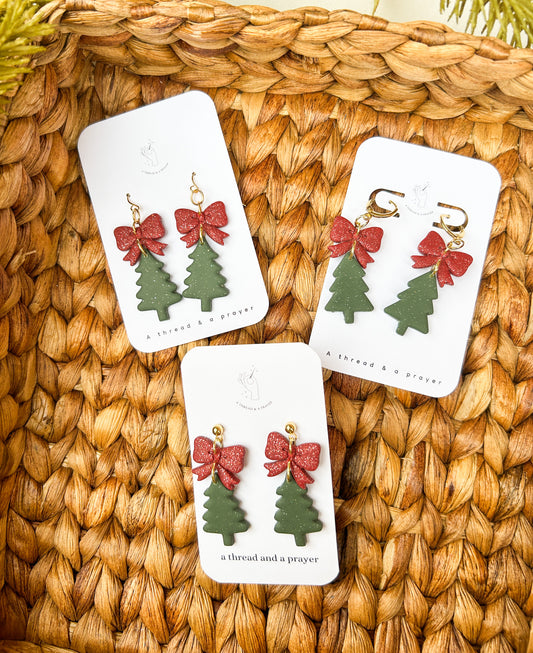 Holiday Bow & Christmas Tree Dangles | Clay Earrings | Holiday | Stocking Stuffer Ideas | Christmas Earrings | Lightweight