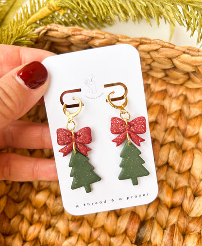 Holiday Bow & Christmas Tree Dangles | Clay Earrings | Holiday | Stocking Stuffer Ideas | Christmas Earrings | Lightweight