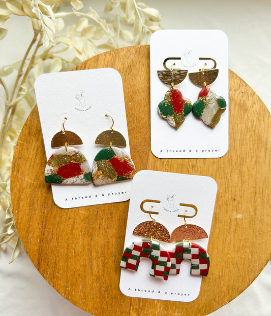 Holiday Marble & Checkered Clay Earrings | Red, Green and Gold | Winter Styles | Christmas | Stocking Stuffer Ideas | Dangle Earrings | Lightweight