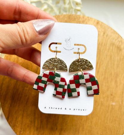 Holiday Marble & Checkered Clay Earrings | Red, Green and Gold | Winter Styles | Christmas | Stocking Stuffer Ideas | Dangle Earrings | Lightweight