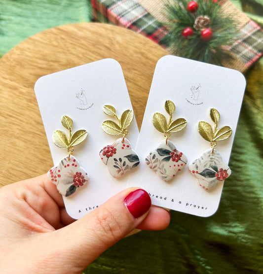 Holly and Berry Floral Winter Earrings | Christmas Style | Holidays | Red, Green and White | Christmas Colors | Celebrate the Holidays