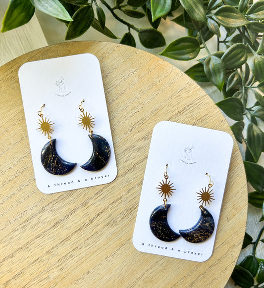 Black and Gold Moon Winter Earrings | Fancy Earrings | Glitter and Shine | Resin Coated Earrings | Lightweight