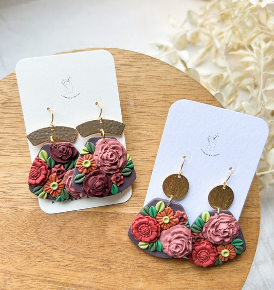 Purple Floral Design Clay Earrings | Abstract Earrings | Winter Jewelry | Handmade Earrings | Jewel Tones