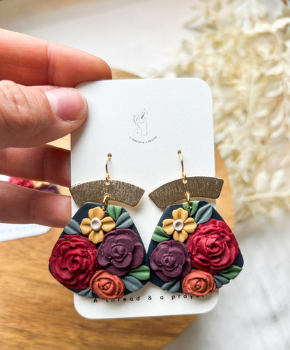 Dark and Moody Floral Design Clay Earrings | Abstract Earrings | Winter Jewelry | Handmade Earrings | Jewel Tones