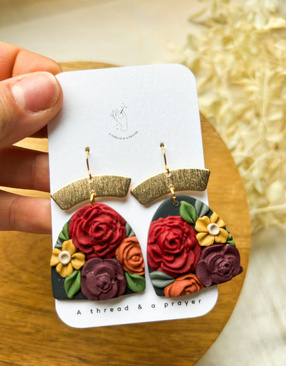 Dark and Moody Floral Design Clay Earrings | Abstract Earrings | Winter Jewelry | Handmade Earrings | Jewel Tones