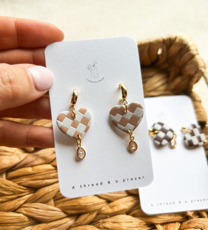 Dainty Checkered Heart Style Earrings | Valentine's Day | Abstract Earrings | Winter Jewelry | Handmade Earrings | Spring Style