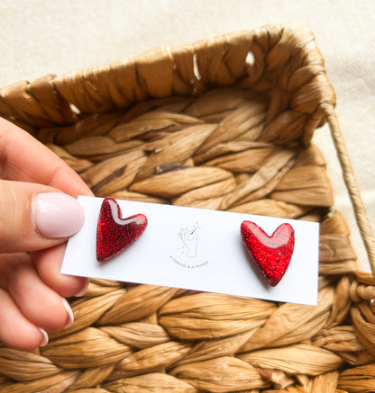 Heart Stud Earrings | Checkered Studs | Valentine's Day  | Stud Earrings | Titanium | Hypoallergenic | Winter Color Earrings | Glitter | Lightweight