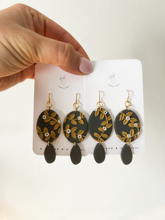 Navy and Mustard Floral Vine Clay Earrings