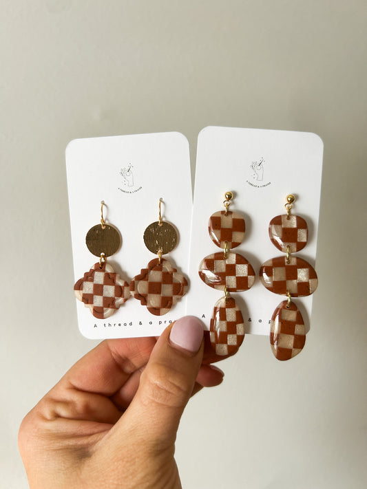 Trendy Brown and Tan Checkered Earrings | Winter | Abstract Earrings | Clay Jewelry | Handmade Earrings | Spring Style