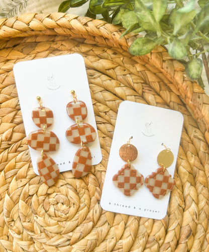 Trendy Brown and Tan Checkered Earrings | Winter | Abstract Earrings | Clay Jewelry | Handmade Earrings | Spring Style