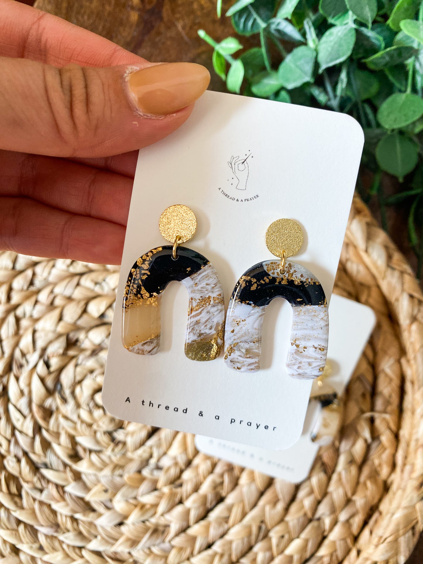 Hammered Gold Posts and Shiny Arch Clay Earrings | Black, Glitter, White, Gold Leaf | Everyday Wear  | Lightweight