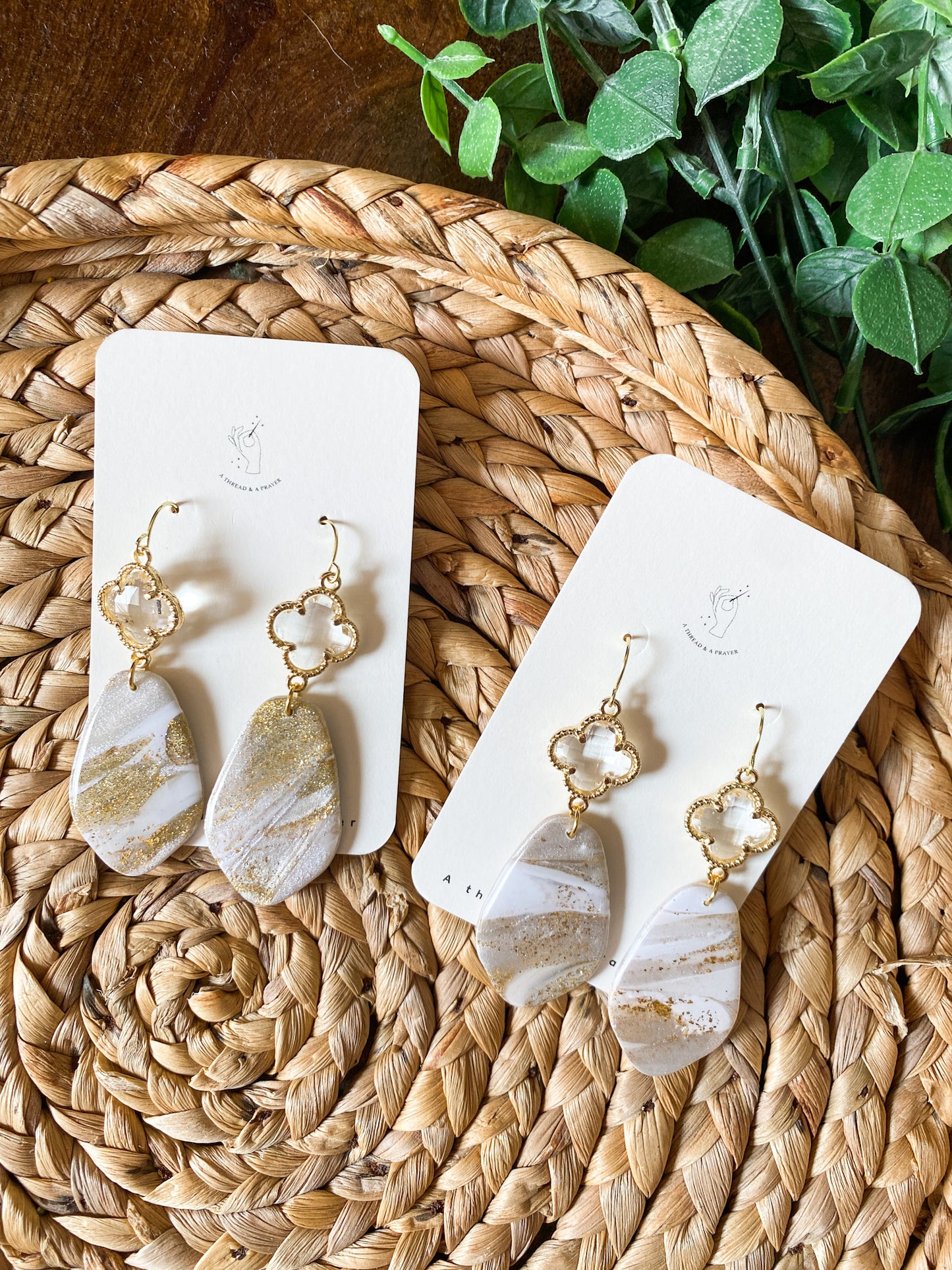 Bridal Style Marble Clay Earrings | Glitter, White, Gold Leaf | Wedding Earrings | Lightweight