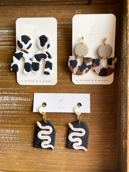 Animal Prints Galore | Clay Earrings | Snakes | Eras Tour | Snake Earrings | Cheetah Print | Cow Print