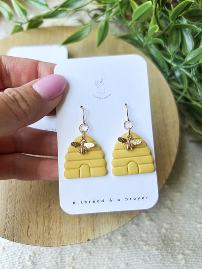 Bee Hive Dangle Earrings | Polymer Clay | Gold Accents | Summer Style | Lightweight | Save the Bees