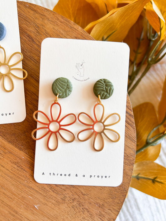 Dainty Florals Brass Clay Earrings | Cute Flowers | Brass Earrings | Dangle Earrings | Everyday Wear  | Lightweight