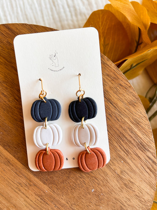 Navy, White and Orange Pumpkin Stackers | Halloween Earrings | Hoops | Dainty Earrings | Lightweight