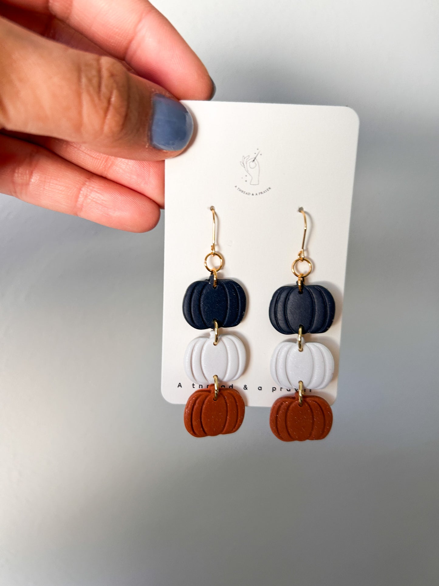 Navy, White and Orange Pumpkin Stackers | Halloween Earrings | Hoops | Dainty Earrings | Lightweight