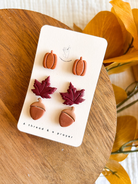 Autumn Joy Stud Pack | Maple Leaf, Acorns and Pumpkins | Pumpkin Style | Autumn Earrings | Fall Accessories