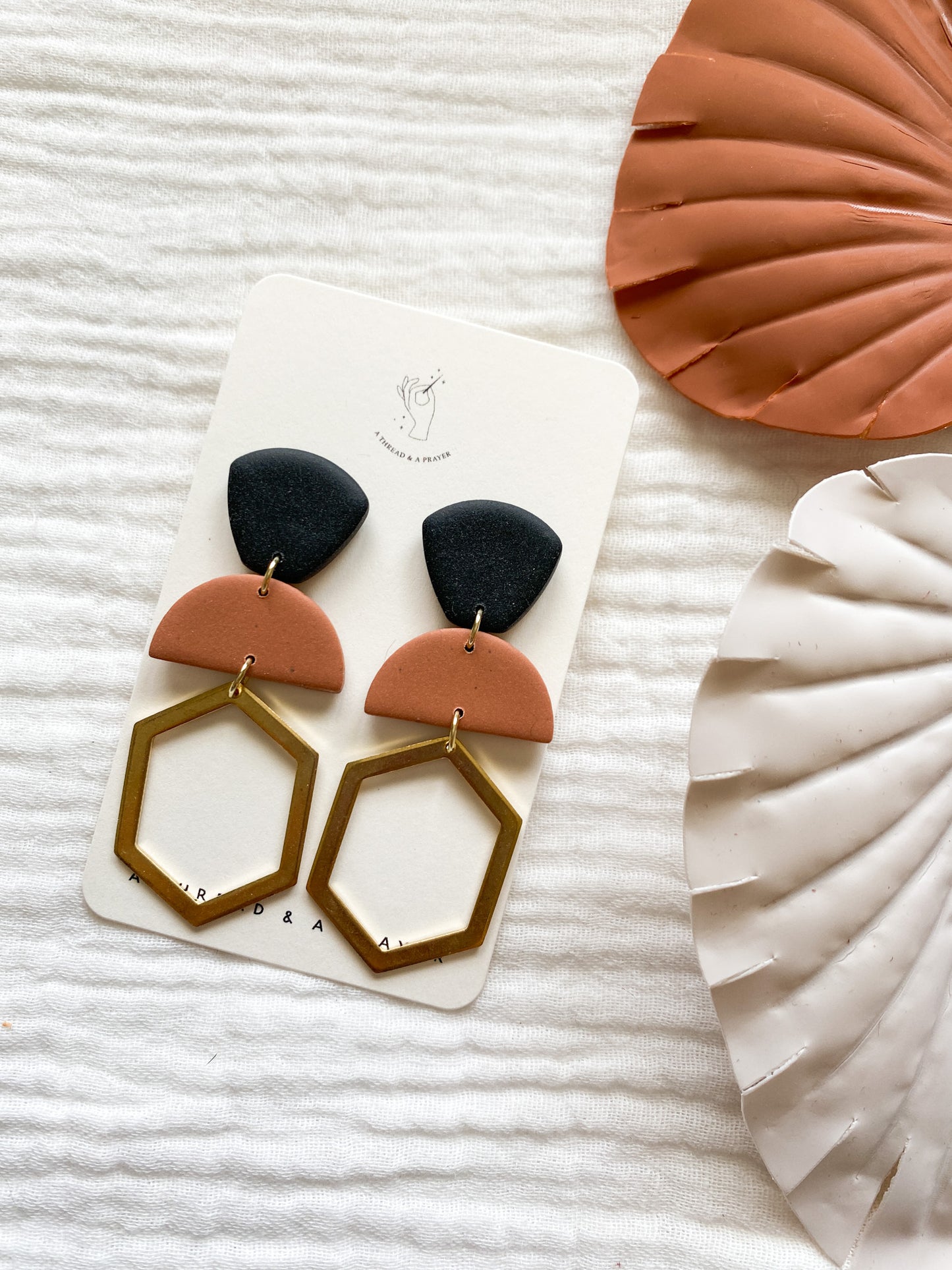 Black and Brown Hexagon Brass Dangle Clay Earrings