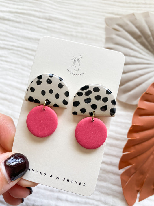 Abstract Hot Pink Polka Dot Clay Earrings