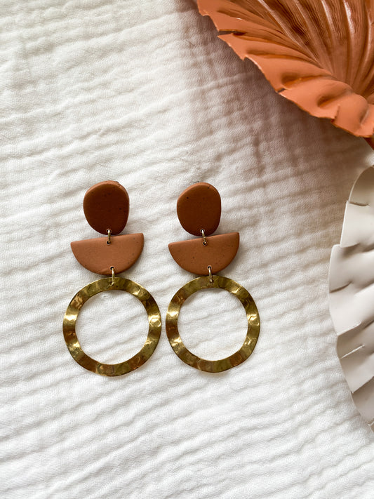 Speckled Brown Neutral Statement Polymer Clay Earrings | Brass Wavy Circles