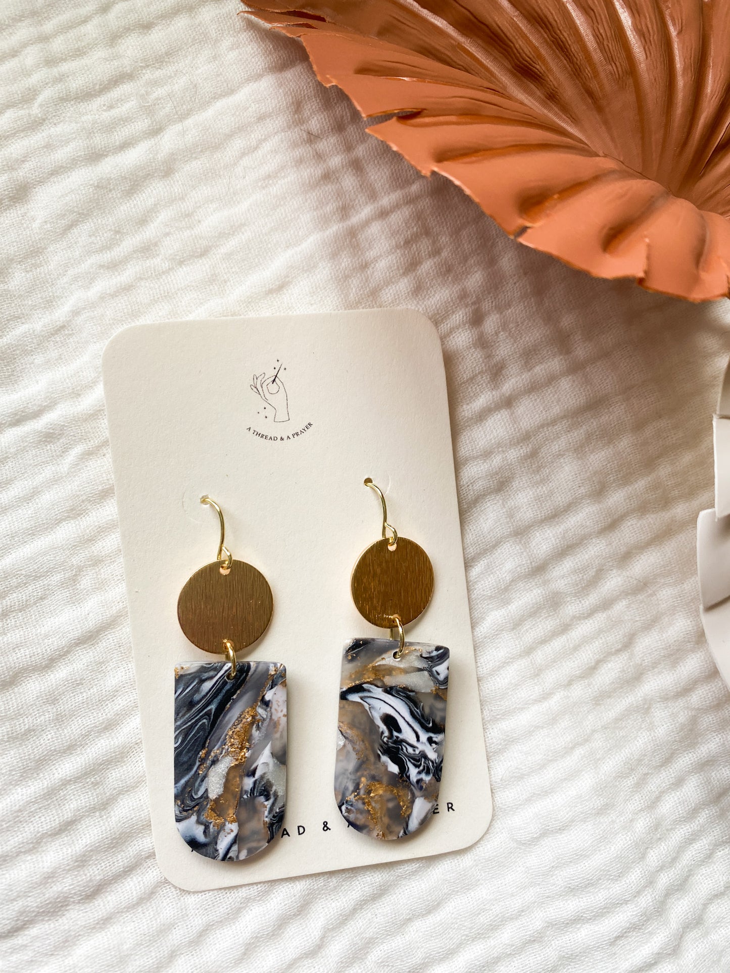 Black and Gold Marbled Earrings | Polymer Clay and Metal Accent | Lightweight Earrings