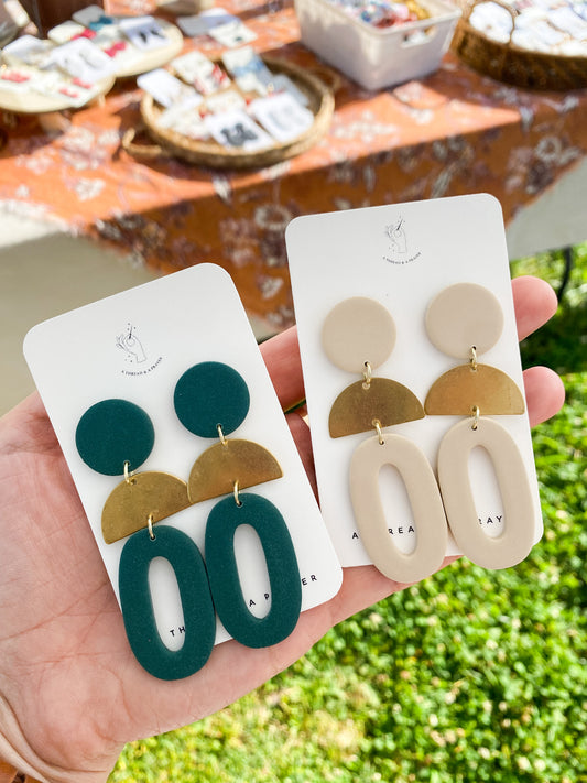 Simple Statement Earrings | Polymer Clay Earrings | Brass Accents | Cream | Forest Green