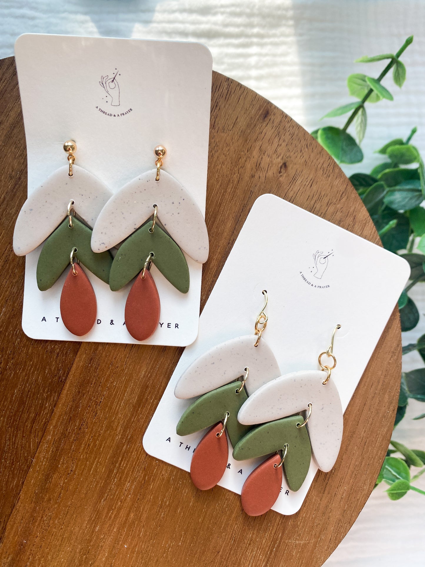 Autumn Boho Trendy Earrings | Olive Green | Speckled Cream | Polymer Clay | Lightweight