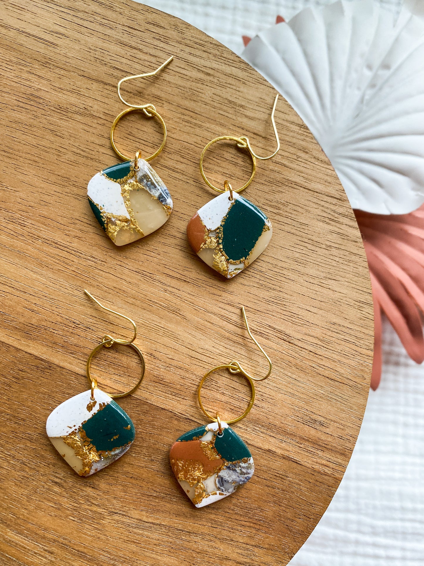 Dainty Marbled Forest Green, Camel Brown, Style Clay Earrings | Everyday Wear  | Lightweight