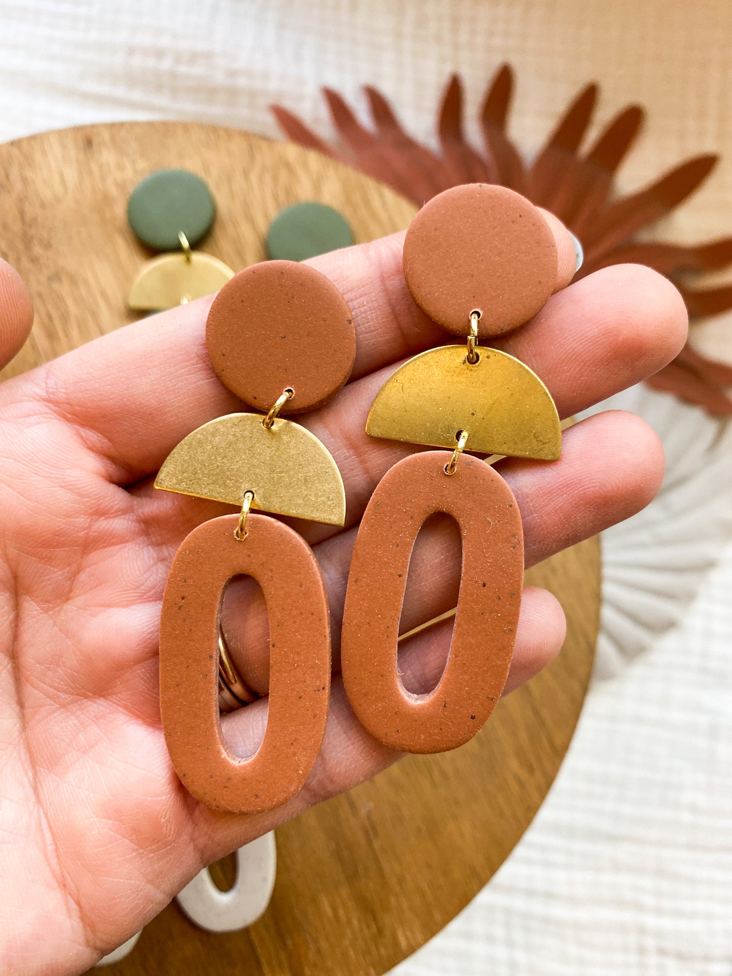 Autumn Brass and Clay Boho Statement Earrings | Fall Earrings | Olive Green, Speckled White, Terra Cotta | Lightweight