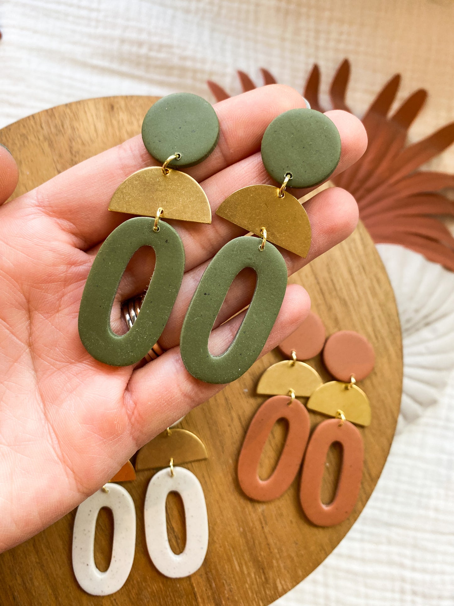 Autumn Brass and Clay Boho Statement Earrings | Fall Earrings | Olive Green, Speckled White, Terra Cotta | Lightweight