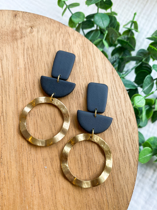 Abstract Style Matte Black Polymer Clay Earrings | Brass Wavy Circles | Everyday Wear | Statement Earrings