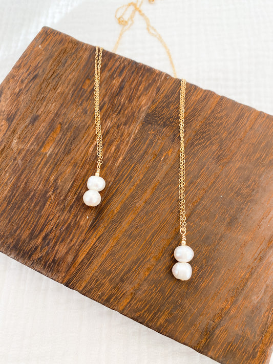 Adorable 2 Pearl Drop Necklace | Freshwater Pearls |  Gold Fill Necklace | 18 Inch Chain