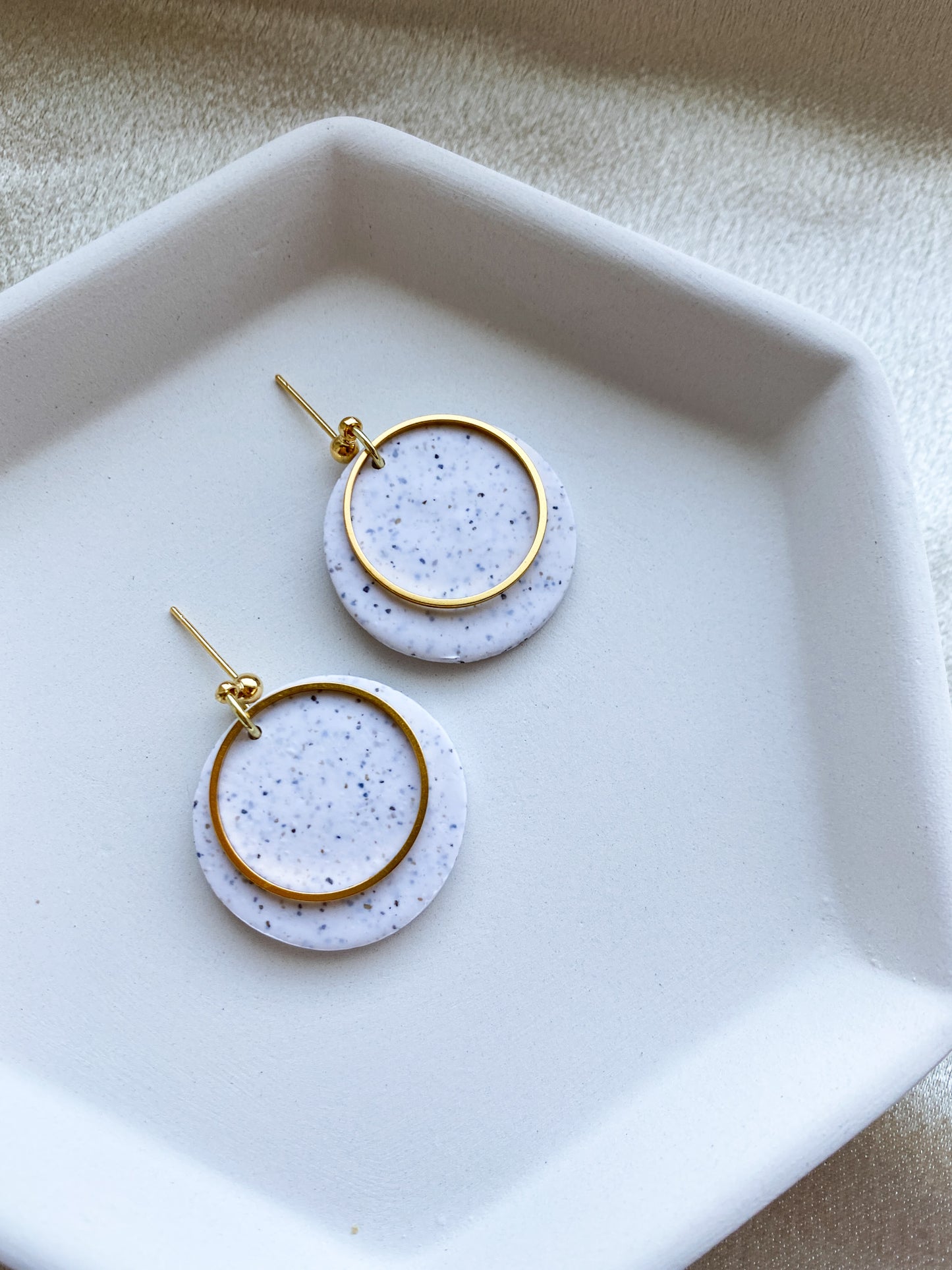 Gold and Speckled White Stud Earrings |  Polymer Clay | Metal Circles | 18kt Gold Plated Studs | Fancy Earrings | Everyday Wear