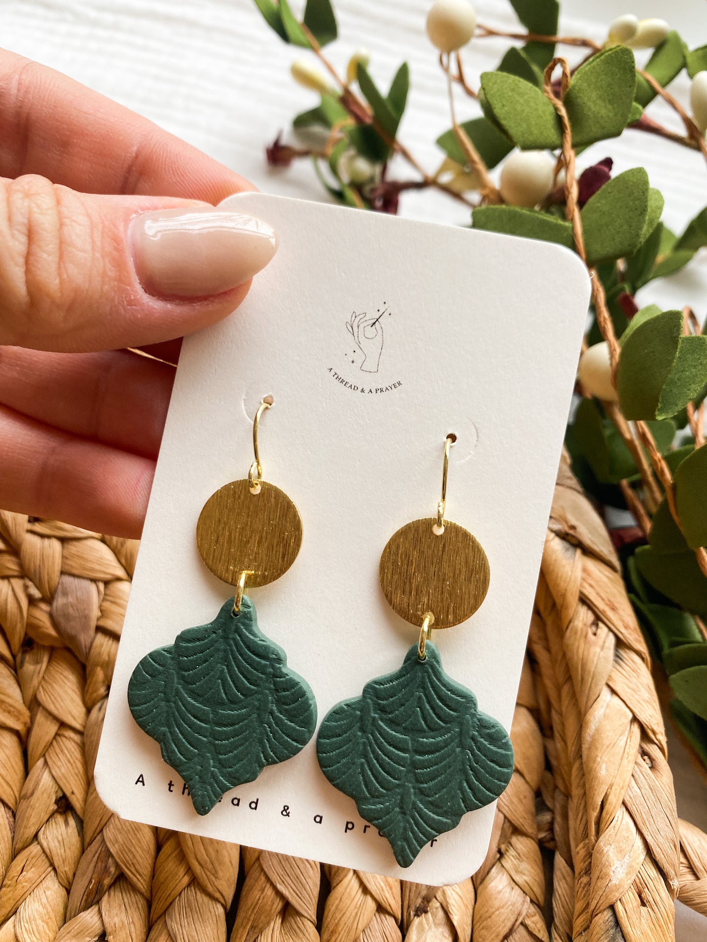 Dainty Textured Forest Green and Brass Earrings | Winter Earrings | Dangle Earrings | Lightweight
