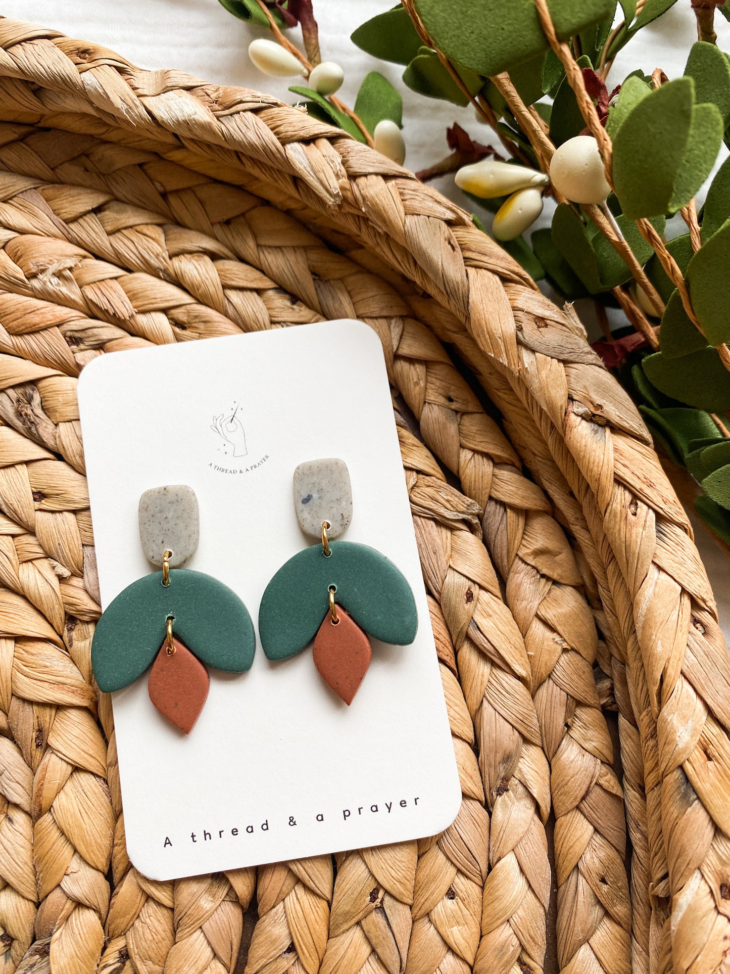 Dainty Forest Green and Gray Clay Dangles | Dainty Earrings | Small Clay Earrings