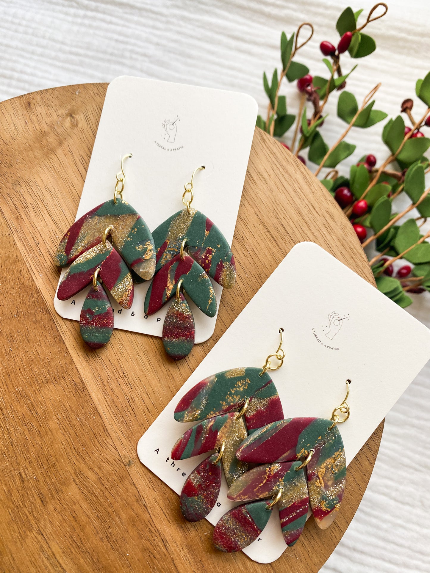 Three Tier Christmas Dangle Earrings | Marble Style | Holiday Earrings | Christmas Colors | Clay Earrings  | Lightweight