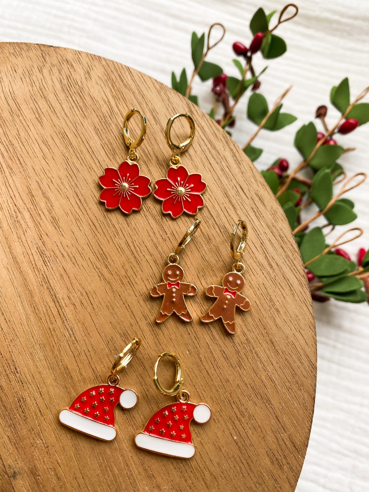 Cute Brass Christmas Huggies | Christmas Earrings | Gingerbread Man, Poinsettia, Santa Hat | Lightweight