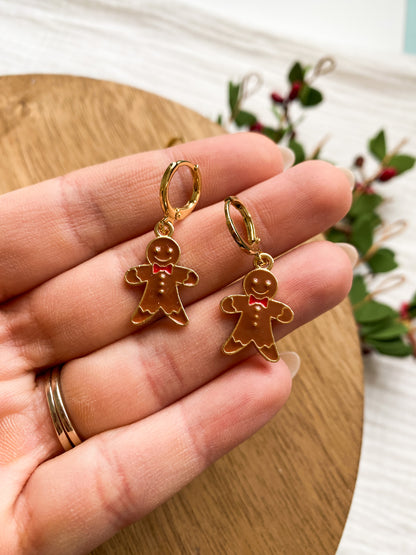 Cute Brass Christmas Huggies | Christmas Earrings | Gingerbread Man, Poinsettia, Santa Hat | Lightweight