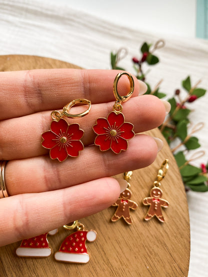 Cute Brass Christmas Huggies | Christmas Earrings | Gingerbread Man, Poinsettia, Santa Hat | Lightweight