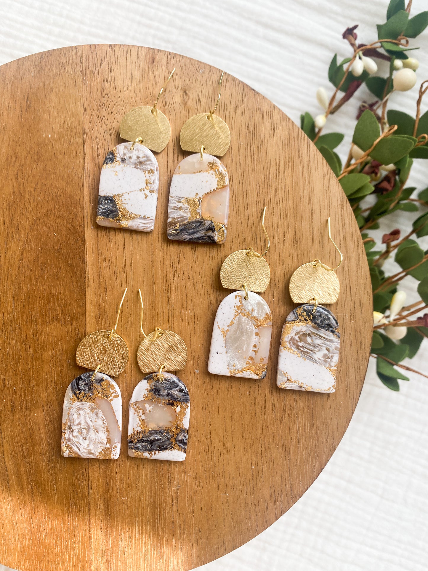Brass and Marbled Polymer Clay Earrings | Dainty Marble Style | Neutral Marbles and Gold Foil | Everyday Wear  | Lightweight
