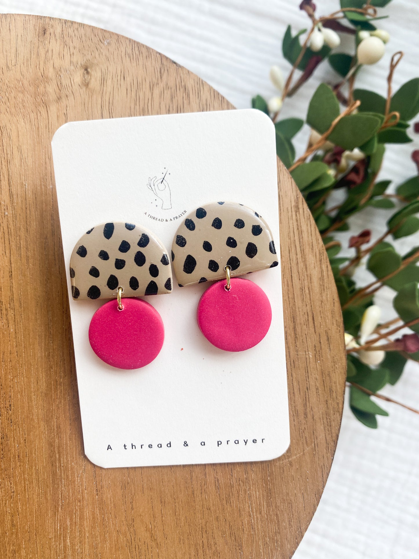 Adorable Dainty Hot Pink Polka Dot Clay Earrings