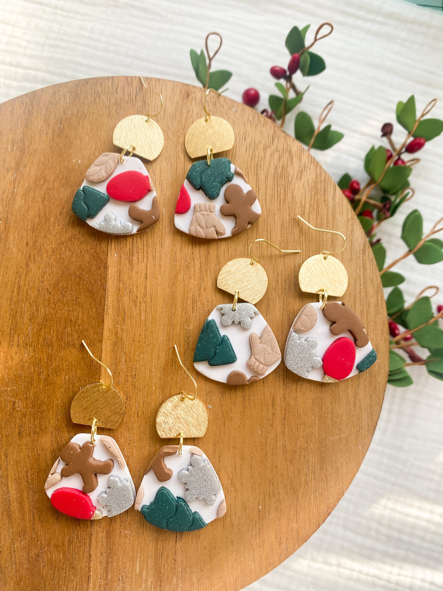 Brass and Clay Christmas Earrings | Christmas Earrings | Gingerbread, Mittens, Christmas Trees | Lightweight