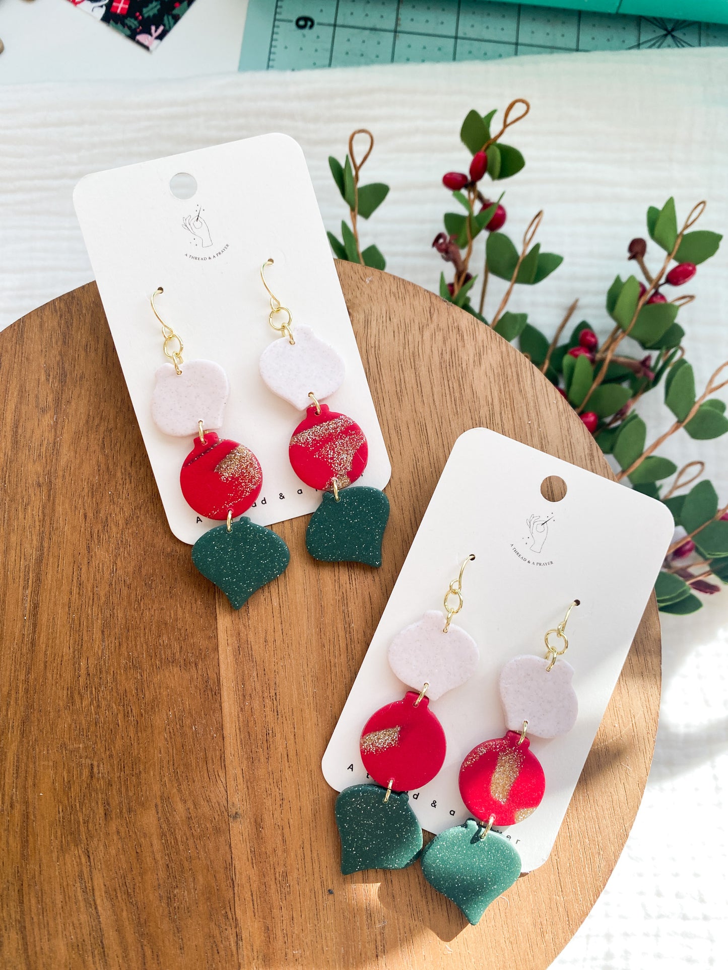 Christmas Ornament Stacker Earrings | Christmas Earrings | Red, White and Green | Lightweight